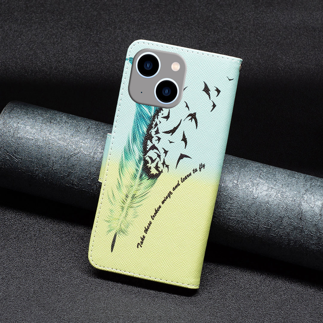 Pattern Printing Phone Leather Case for iPhone 15 Plus , Stand Wallet Full Protection Cover - Feather and Birds Pattern Printing Phone Leather Case for iPhone 15 Plus , Stand Wallet Full Protection Cover - Feather and Birds